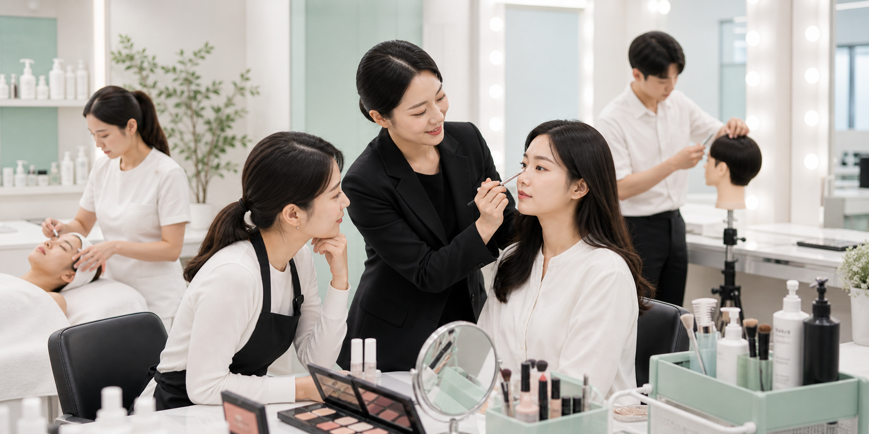 해운대미용학원 메이크업, 피부, 헤어 실습 수업 장면